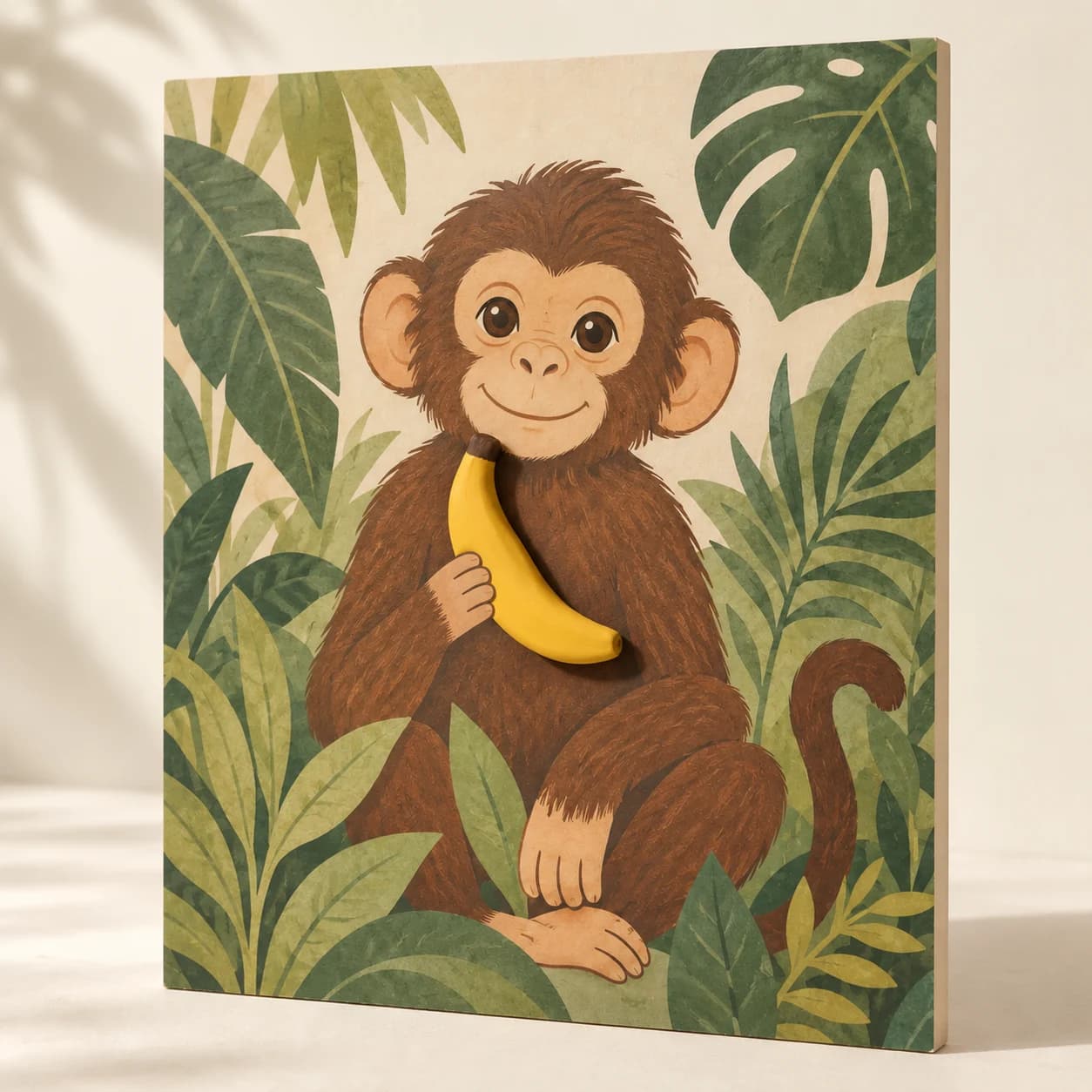 Singe illustré au milieu de feuilles vertes tenant une banane jaune en relief sur le tableau