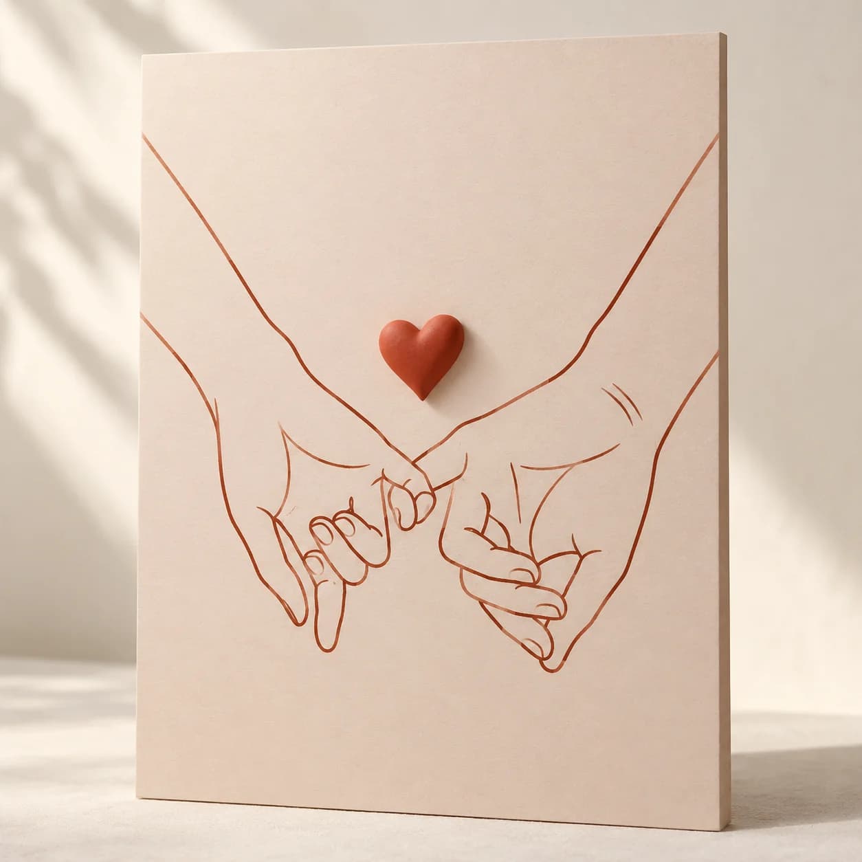 Dessin au trait de deux mains liées sur fond rose pâle, avec un petit cœur rouge bombé en relief