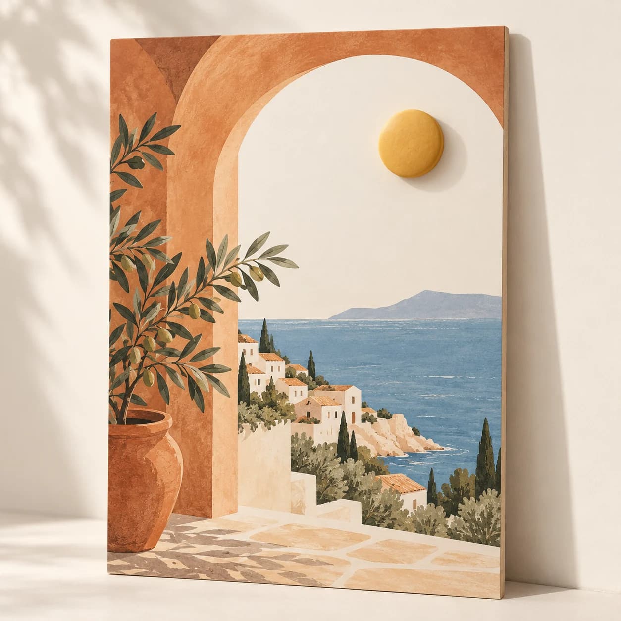 Paysage méditerranéen imprimé avec une arche terracotta et un disque jaune en relief en guise de soleil