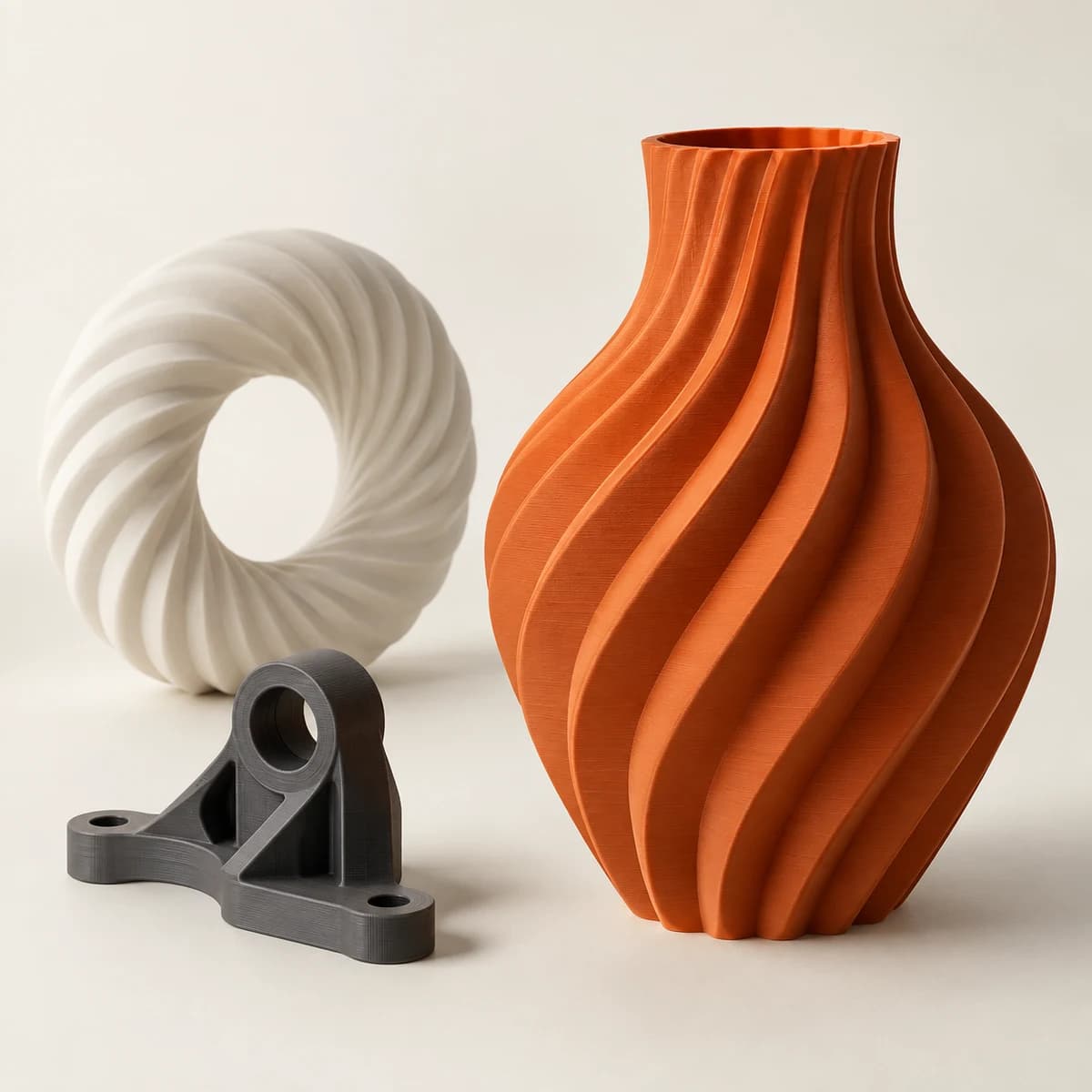 Composition illustrative de pièces imprimées en 3D : vase orange sculptural, anneau et pièce mécanique