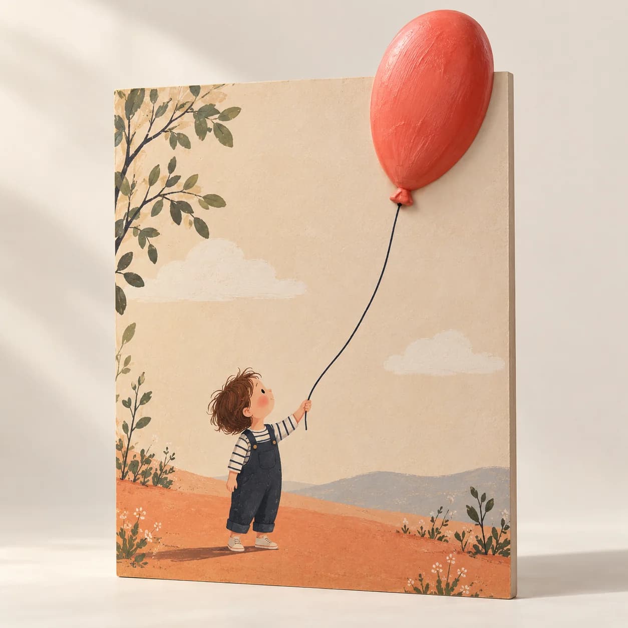 Enfant illustré tenant un fil imprimé relié à un ballon rouge en relief qui dépasse du bord supérieur du panneau
