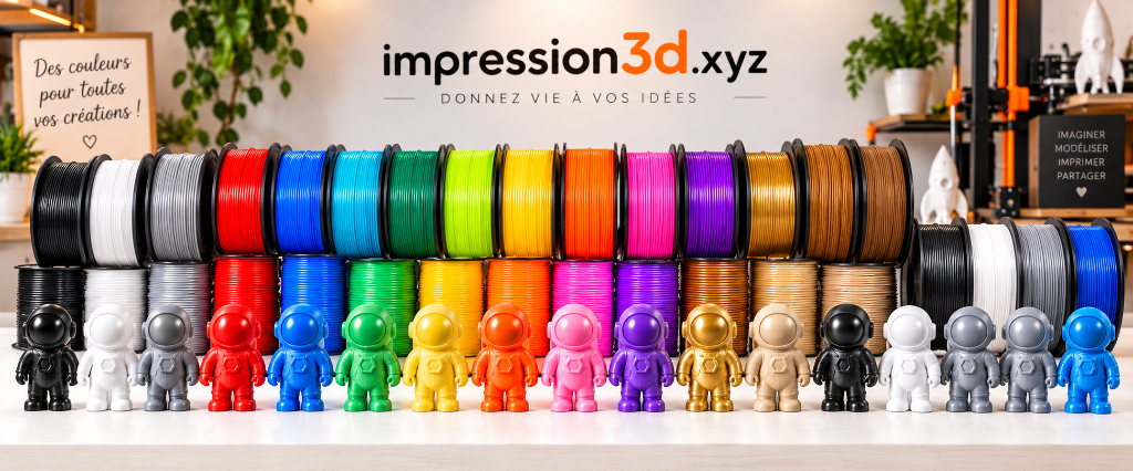 Nuancier complet des filaments et figurines d'astronautes imprimées en 3D chez Impression3D.xyz