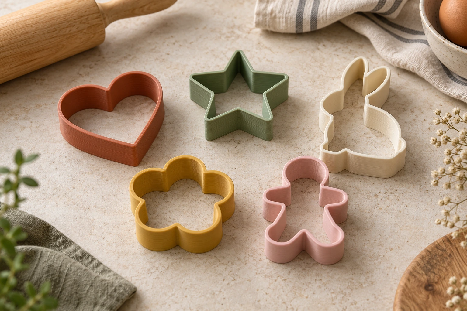 Emporte-pièces imprimés en 3D : cœur, étoile, lapin, fleur et bonhomme, dans des couleurs douces