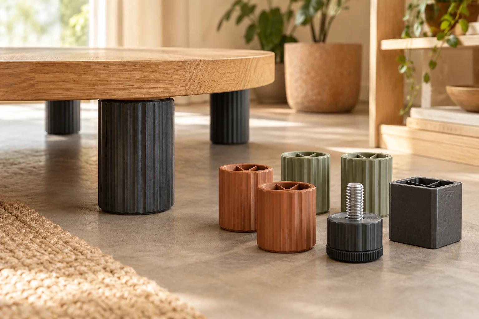 Table basse en bois, pieds cannelés et accessoires de mobilier imprimés en 3D